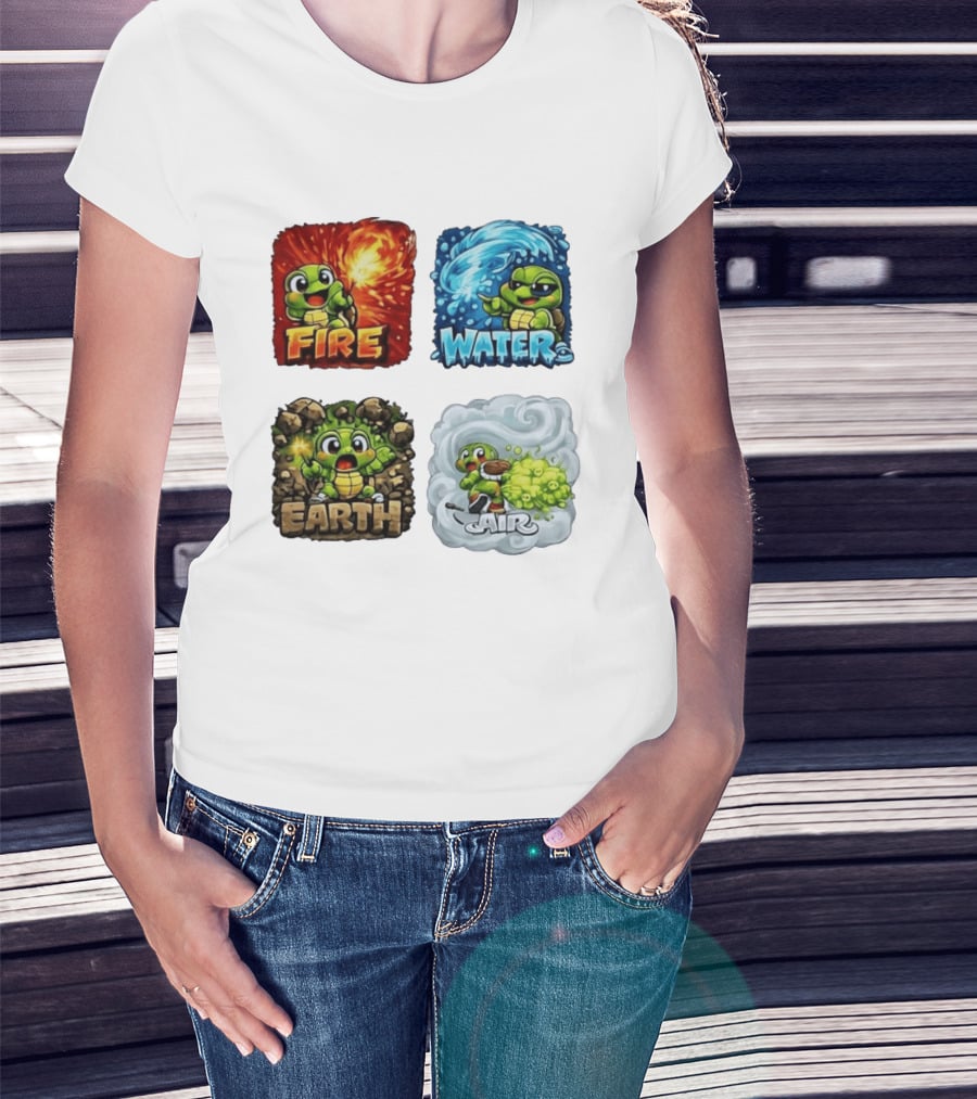 Fire Water Earth Air Turtle Cartoon Baby Elements Quadrant T-Shirt