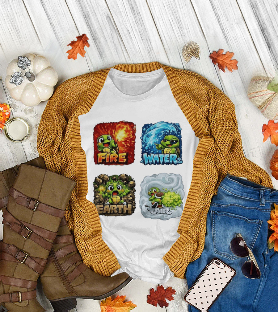 Fire Water Earth Air Turtle Cartoon Baby Elements Quadrant T-Shirt
