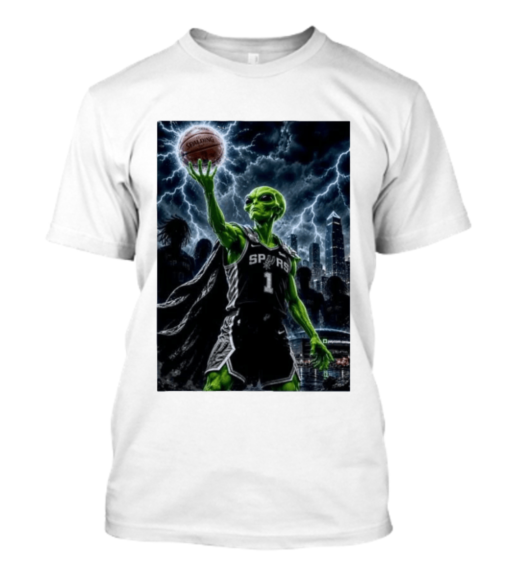 NBA Spurs Alien Spalding Basketball Hovering In Stormy City Skyline T-Shirt