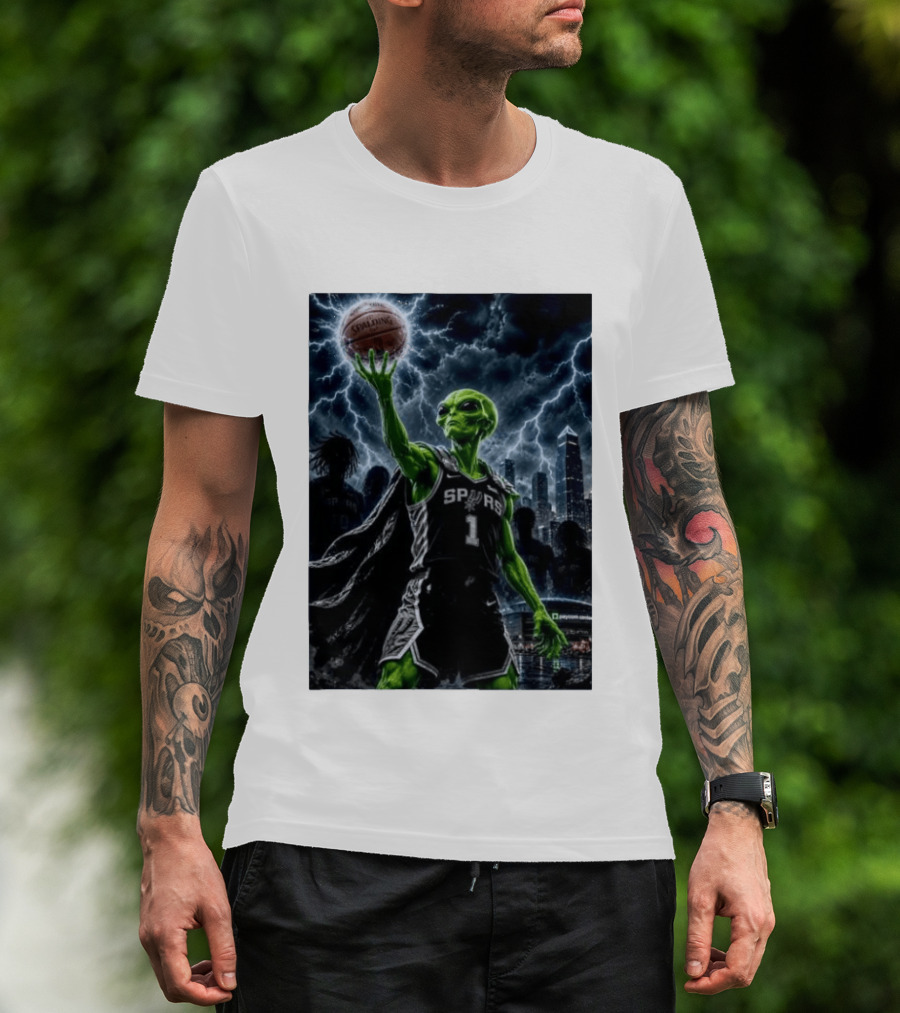 NBA Spurs Alien Spalding Basketball Hovering In Stormy City Skyline T-Shirt