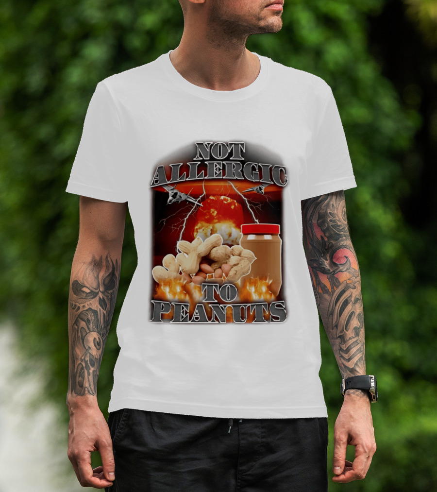 Not Allergic To Peanuts Jar With Explosive Background And Fighter Jets T-Shirt