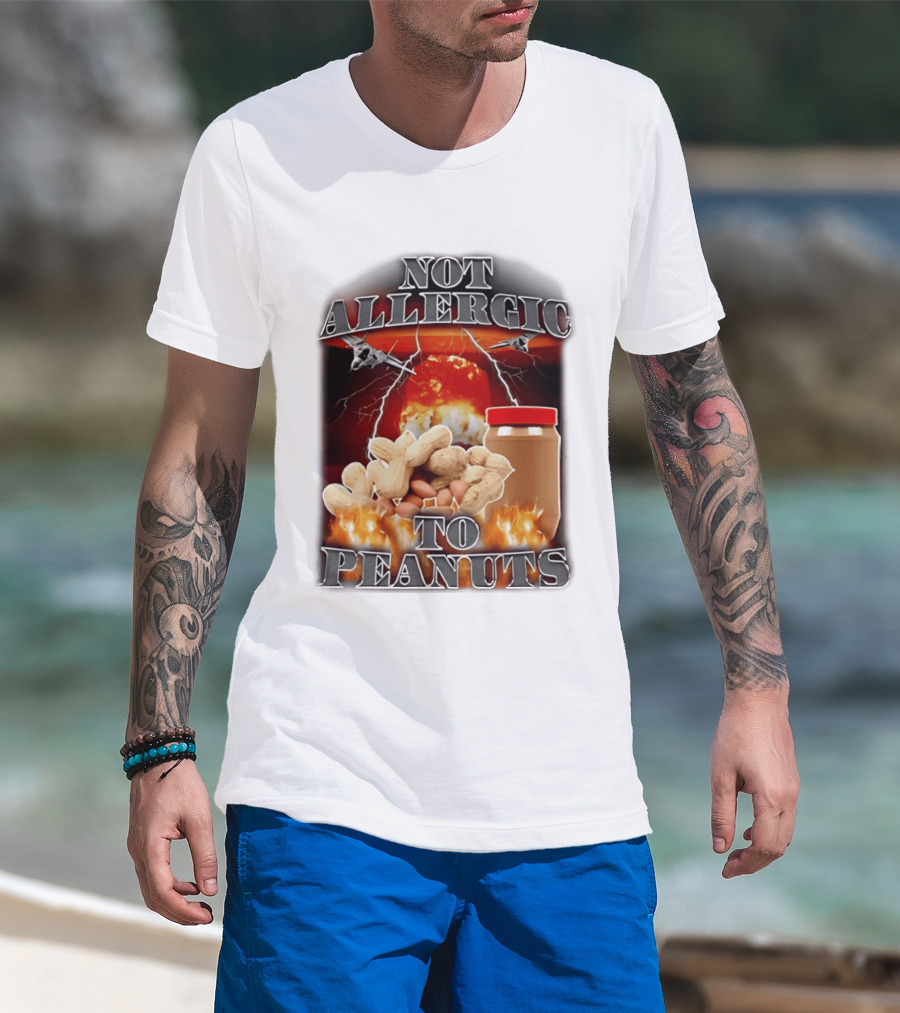Not Allergic To Peanuts Jar With Explosive Background And Fighter Jets T-Shirt