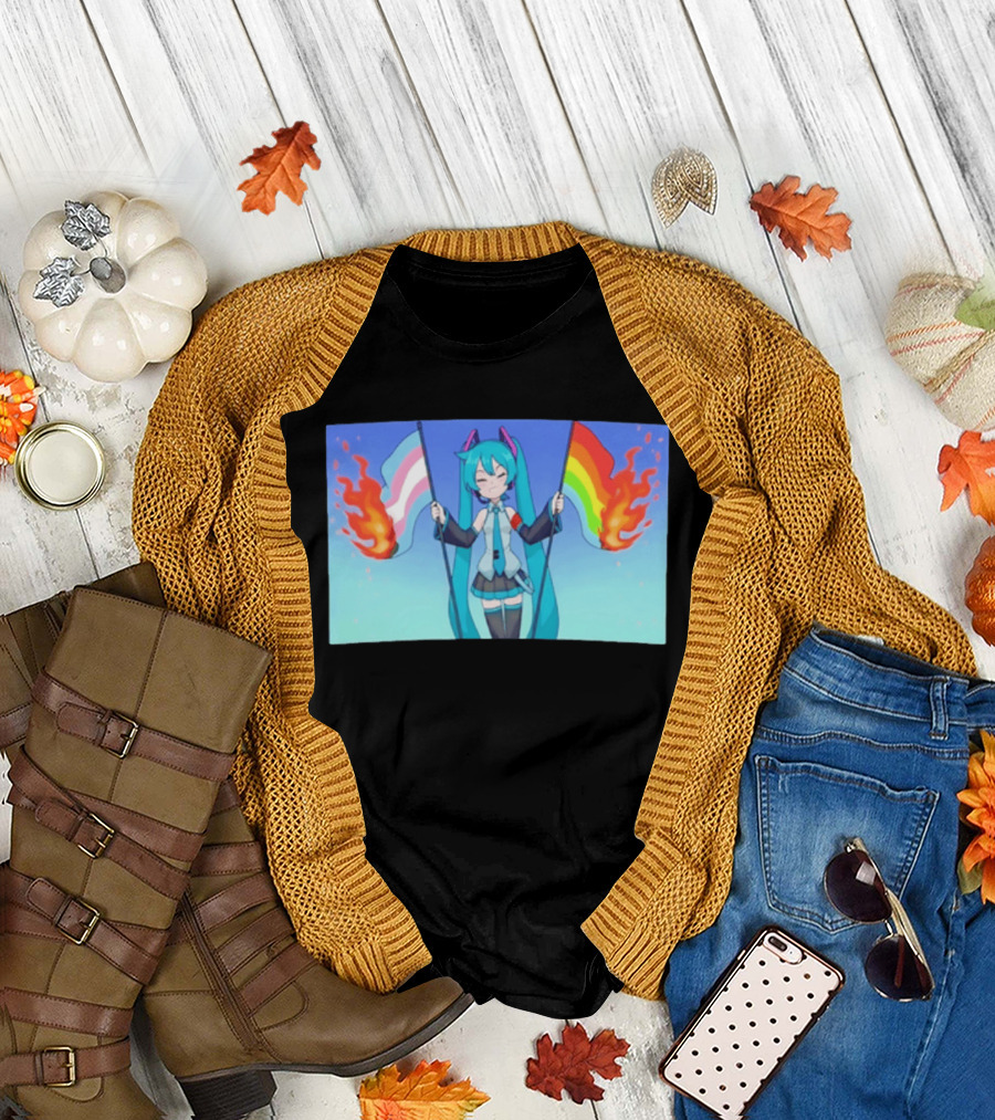Anime Vocaloid Miku Holding Burning Transgender and Rainbow Flags Controversial Pride Month 2026 T-Shirt