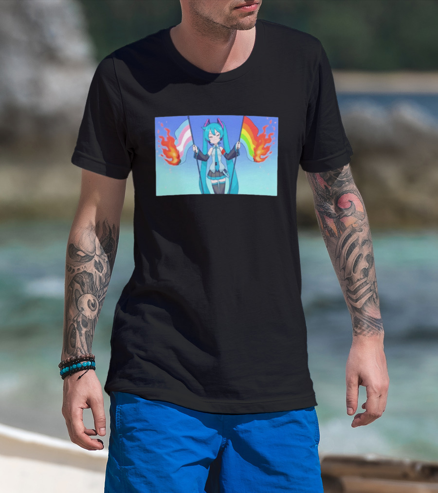 Anime Vocaloid Miku Holding Burning Transgender And Rainbow Flags Controversial Pride Month 2026 T-Shirt