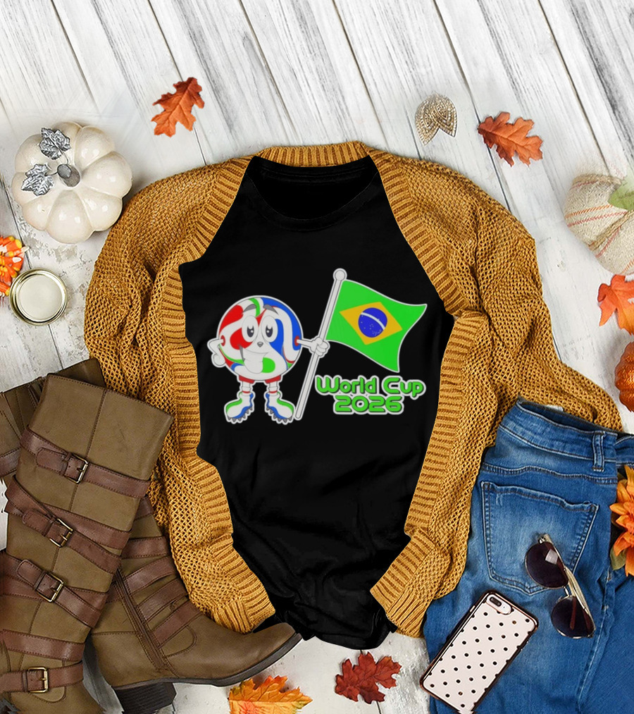 World Cup 2026 Cartoon Character with Brazil Flag Soccer Ball T-Shirt