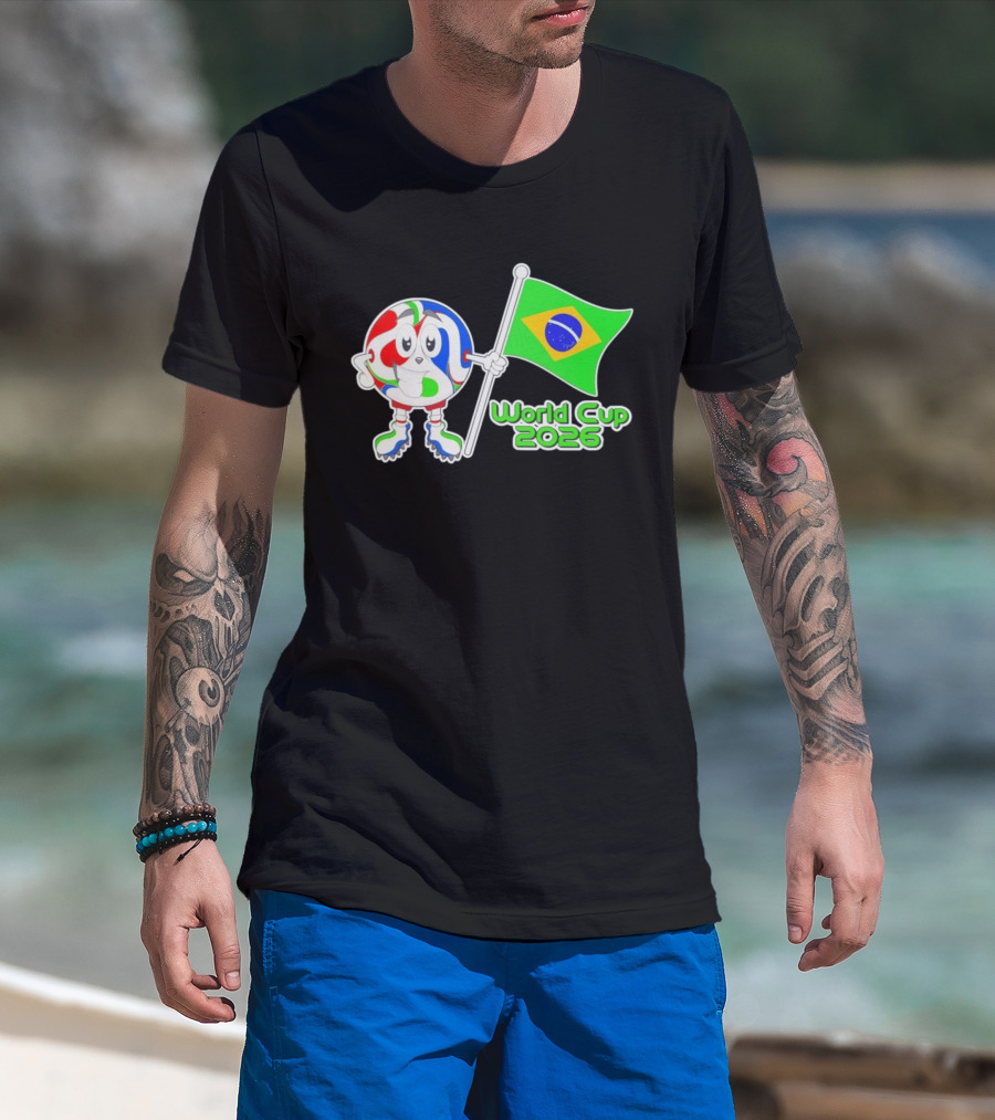 World Cup 2026 Cartoon Character With Brazil Flag Soccer Ball T-Shirt