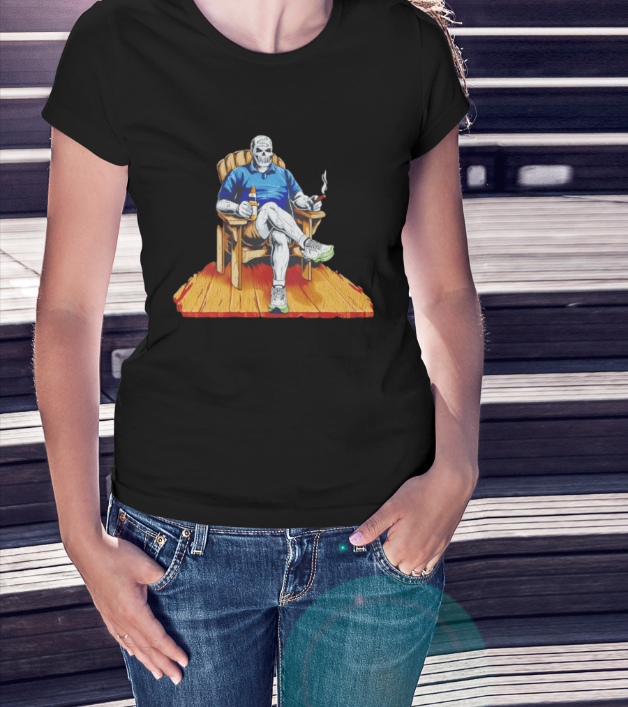 DarthBeards Skull Sitting In A Lawn Chair With Beer And Cigar T-Shirt