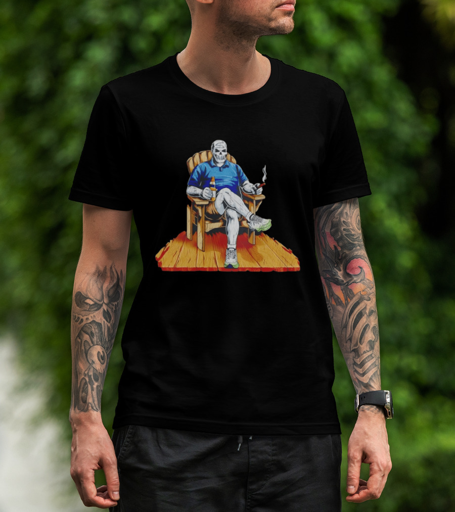 DarthBeards Skull Sitting In A Lawn Chair With Beer And Cigar T-Shirt