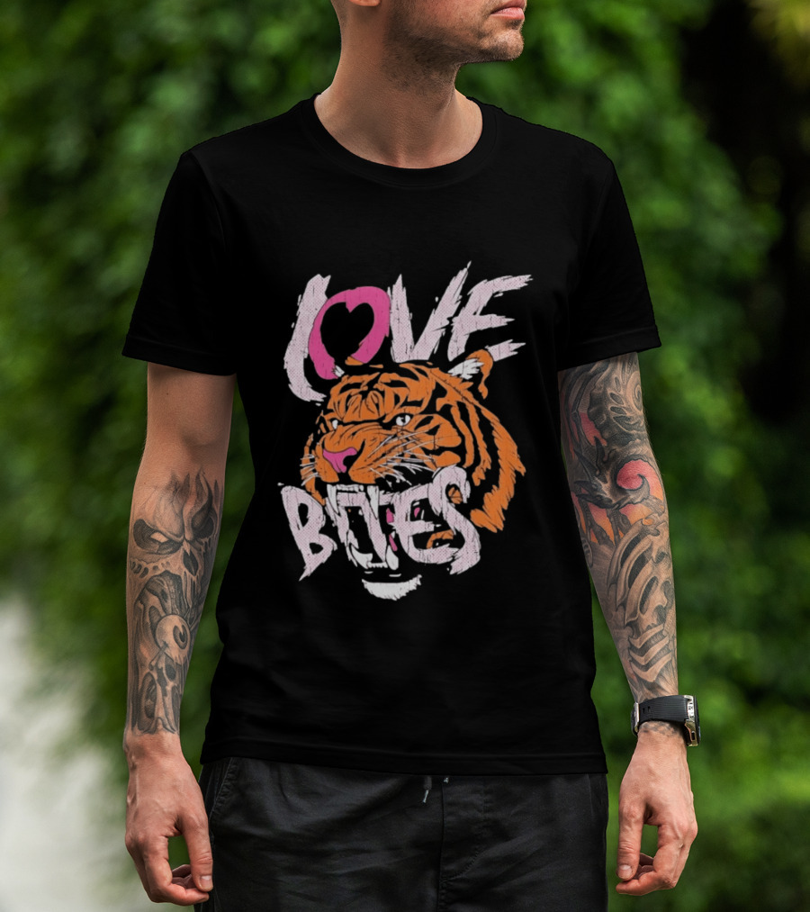 Love Bites Roaring Tiger Face Bold Pink And Orange T-Shirt