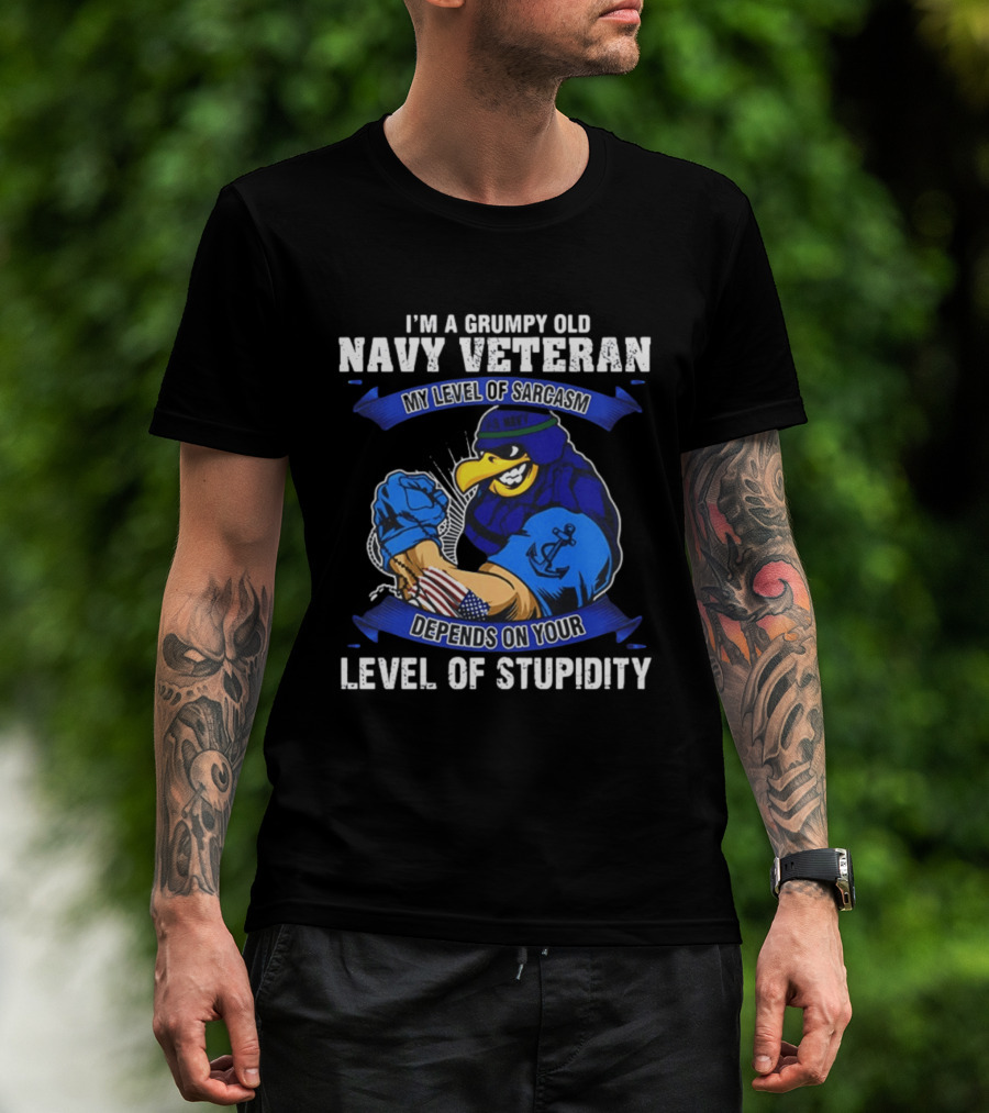 Grumpy Old Navy Veteran Sarcasm Stupidity Level Patriotic Eagle T-Shirt