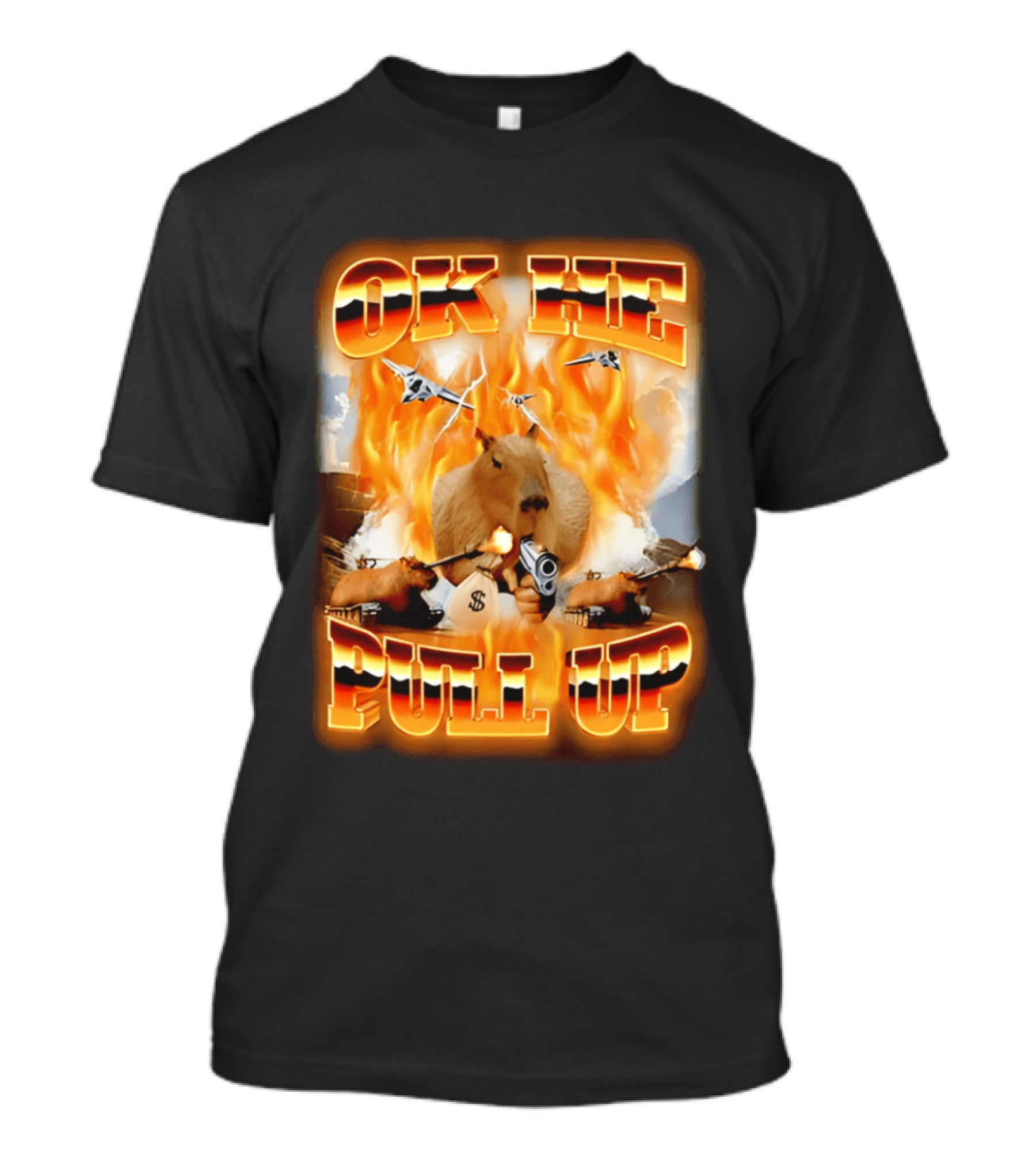 Ok He Pull Up Capybara Surrounded By Fire With Jets And Guns T-Shirt