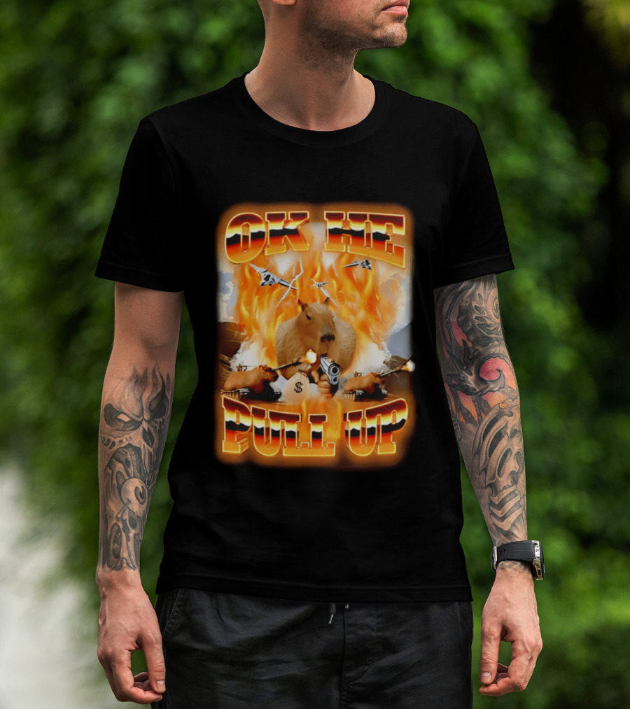 Ok He Pull Up Capybara Surrounded By Fire With Jets And Guns T-Shirt