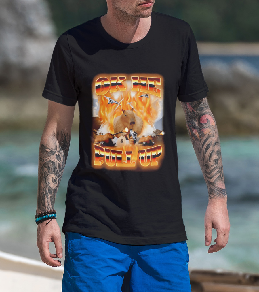 Ok He Pull Up Capybara Surrounded By Fire With Jets And Guns T-Shirt