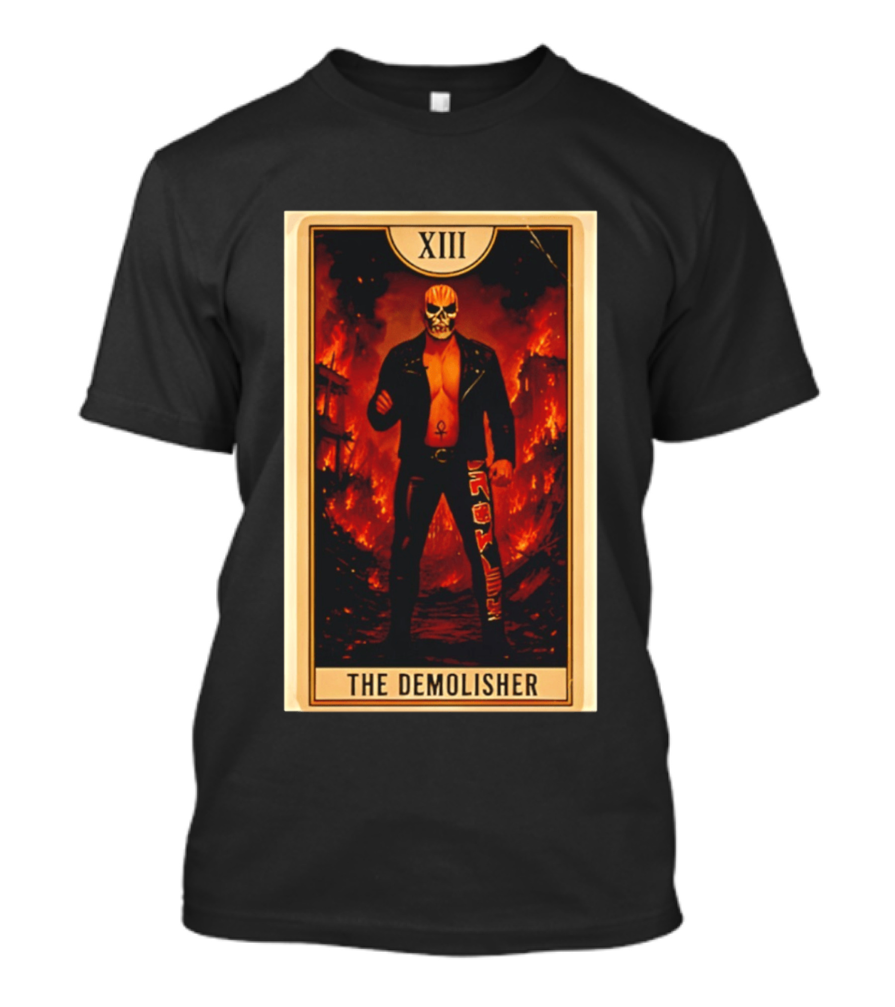XIII The Demolisher Tarot Card Skull Masked Figure In Flames T-Shirt