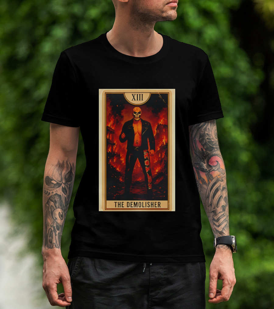 XIII The Demolisher Tarot Card Skull Masked Figure In Flames T-Shirt