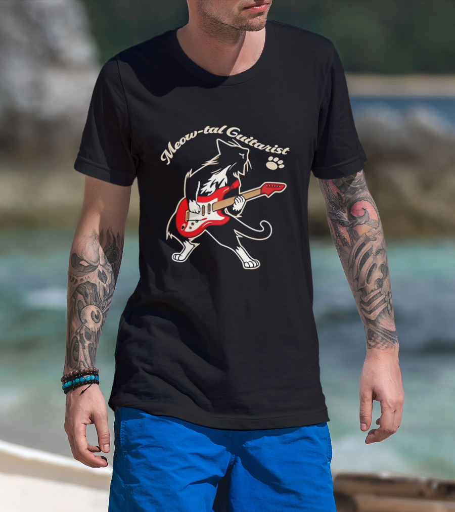 Meow Tal Guitarist Cat Playing Red Electric Guitar T-Shirt