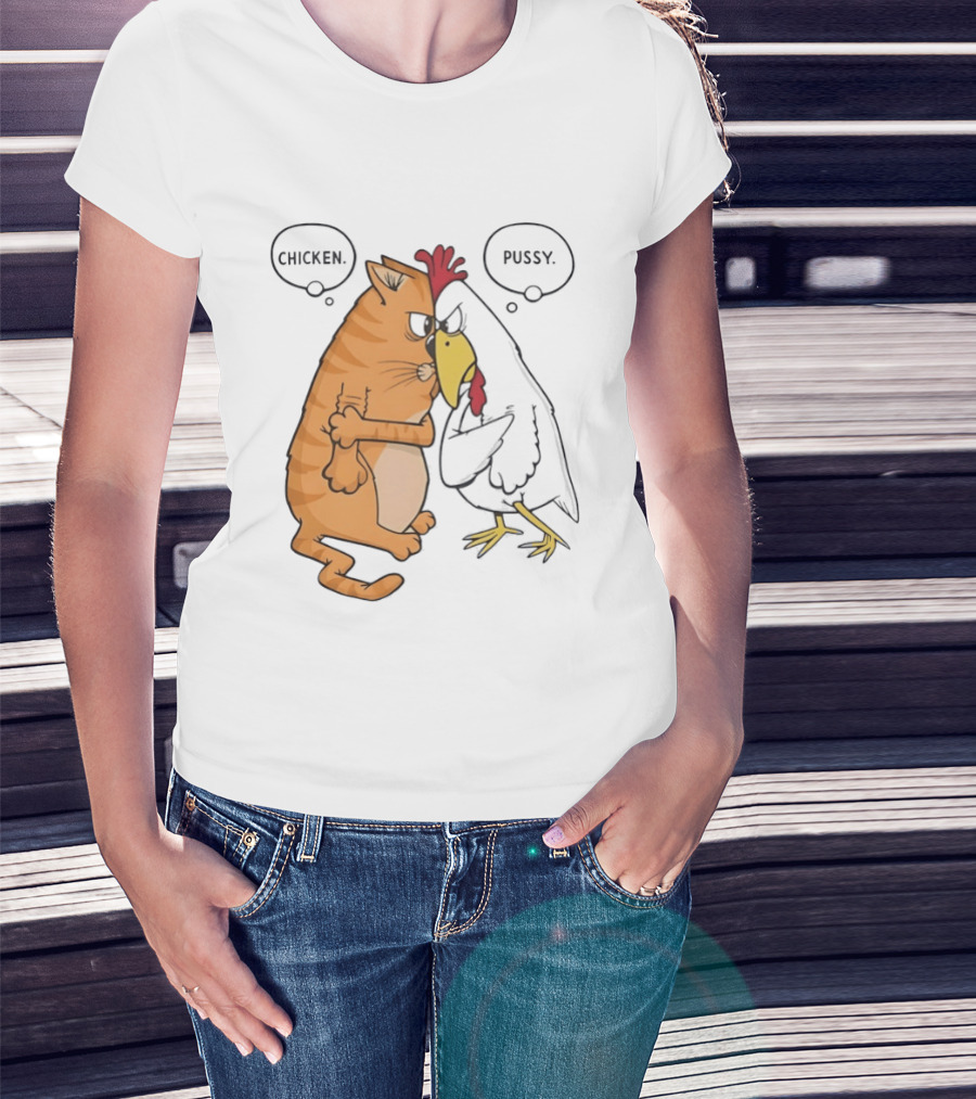 Chicken Pussy Standoff Cartoon Humor Confrontation T-Shirt