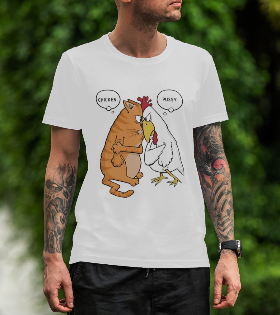 Chicken Pussy Standoff Cartoon Humor Confrontation T-Shirt