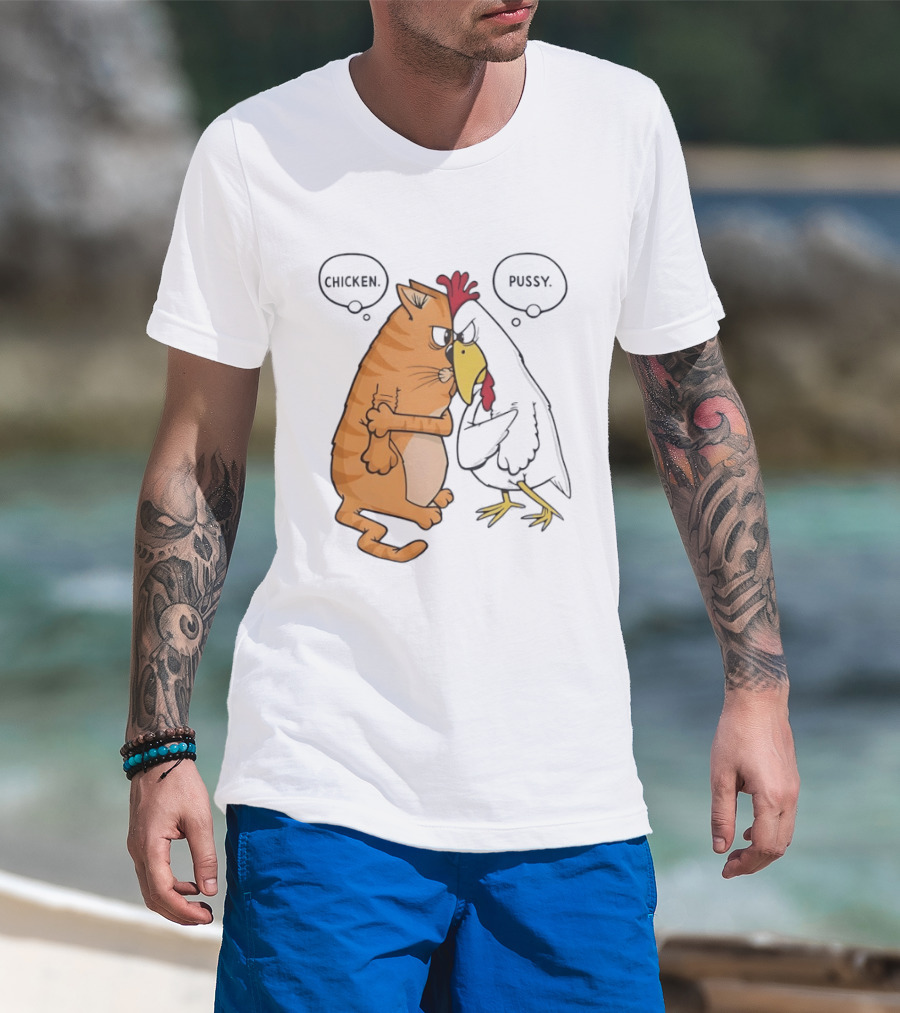 Chicken Pussy Standoff Cartoon Humor Confrontation T-Shirt