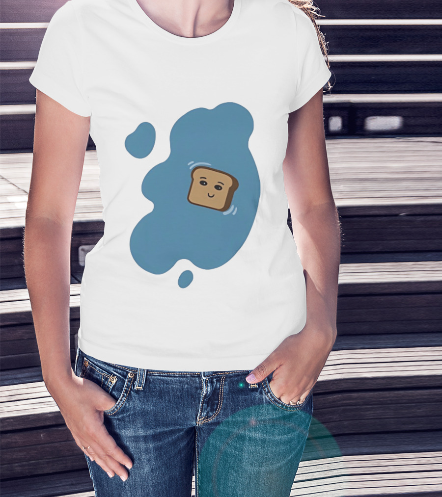 Floating Happy Toast Blue Puddle Cartoon Food Pun T-Shirt