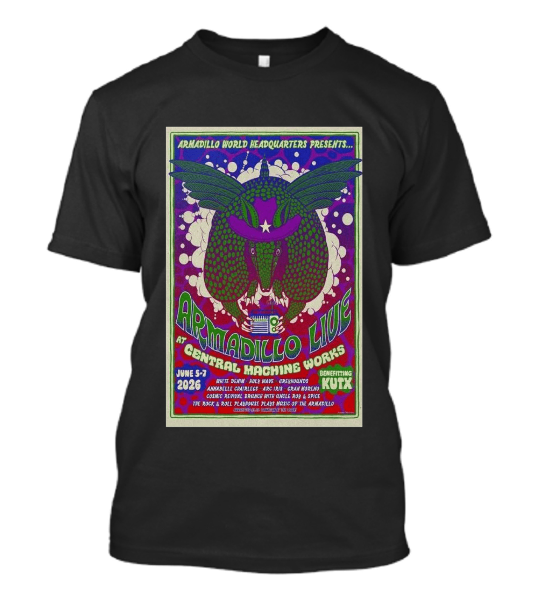 Armadillo World Headquarters Presents Armadillo Live At Central Machine Works June 5 7 2026 Benefiting KUTX T-Shirt