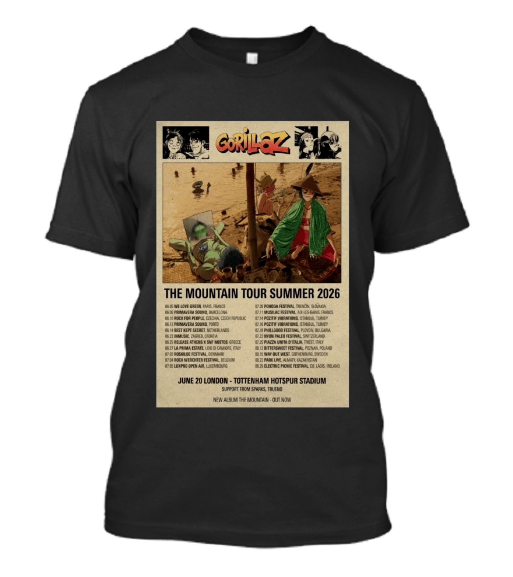 Gorillaz The Mountain Tour Summer 2026 Concert Featuring Noodle And Band Members T-Shirt