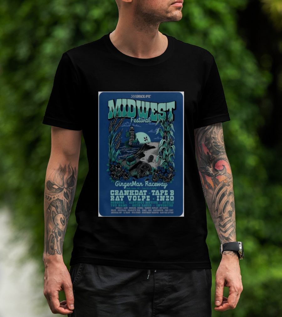 GRIDLIFE Midwest Festival GingerMan Raceway June 12 14 2026 South Haven MI Crankdat Tape B Ray Volpe INZO Borgore T-Shirt