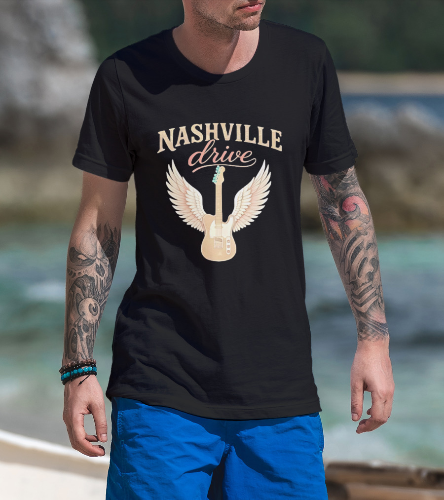 Nashville Drive Electric Guitar Angel Wings Music T-Shirt