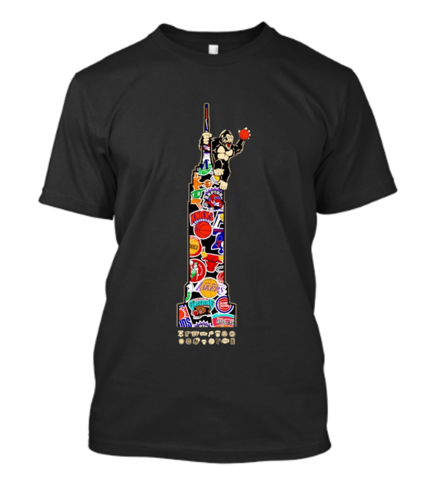 NBA Teams Empire State Building Phoenix Suns Lakers Knicks Gorilla Basketball Logos T-Shirt