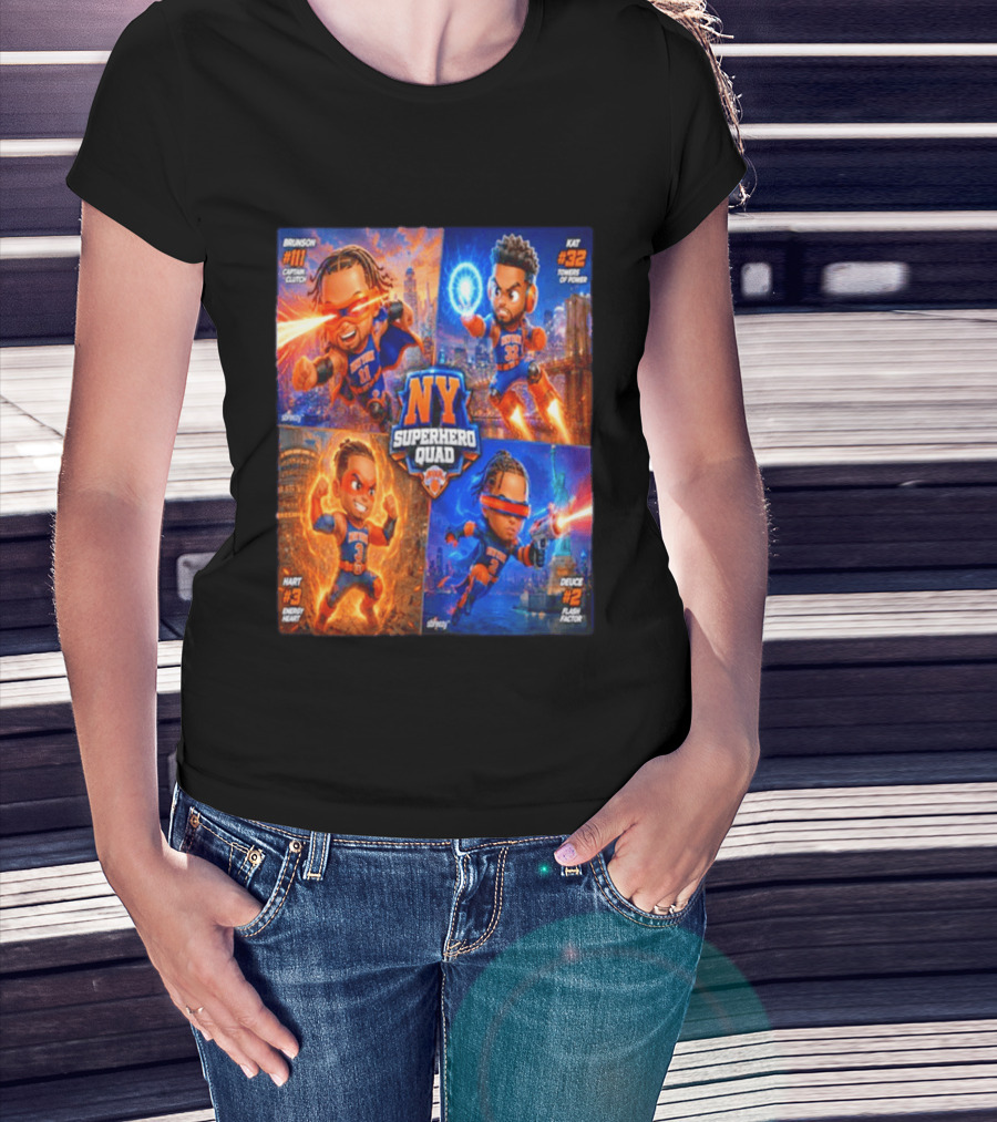 NY Superhero Quad Brunson Captain Clutch Hart Energy Heat Deuce Flash Factor Kat Towers Of Power T-Shirt