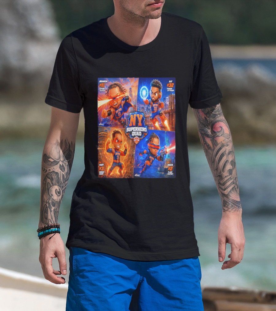 NY Superhero Quad Brunson Captain Clutch Hart Energy Heat Deuce Flash Factor Kat Towers Of Power T-Shirt