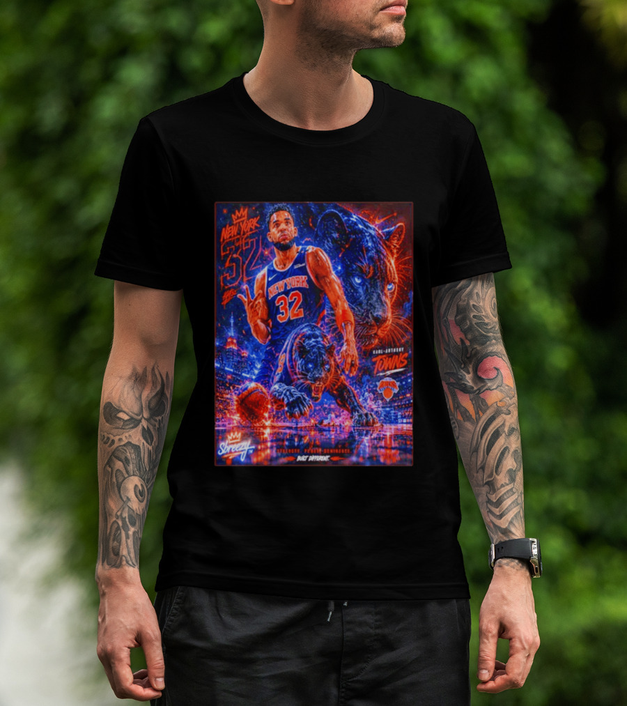 New York 32 Karl Anthony Towns Panther Blossom Street Slicey NBA Knicks T-Shirt