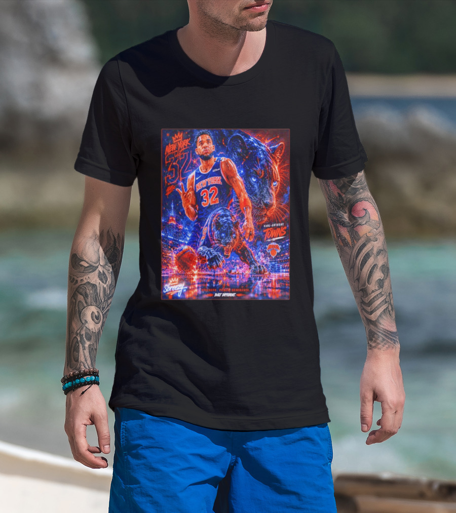 New York 32 Karl Anthony Towns Panther Blossom Street Slicey NBA Knicks T-Shirt