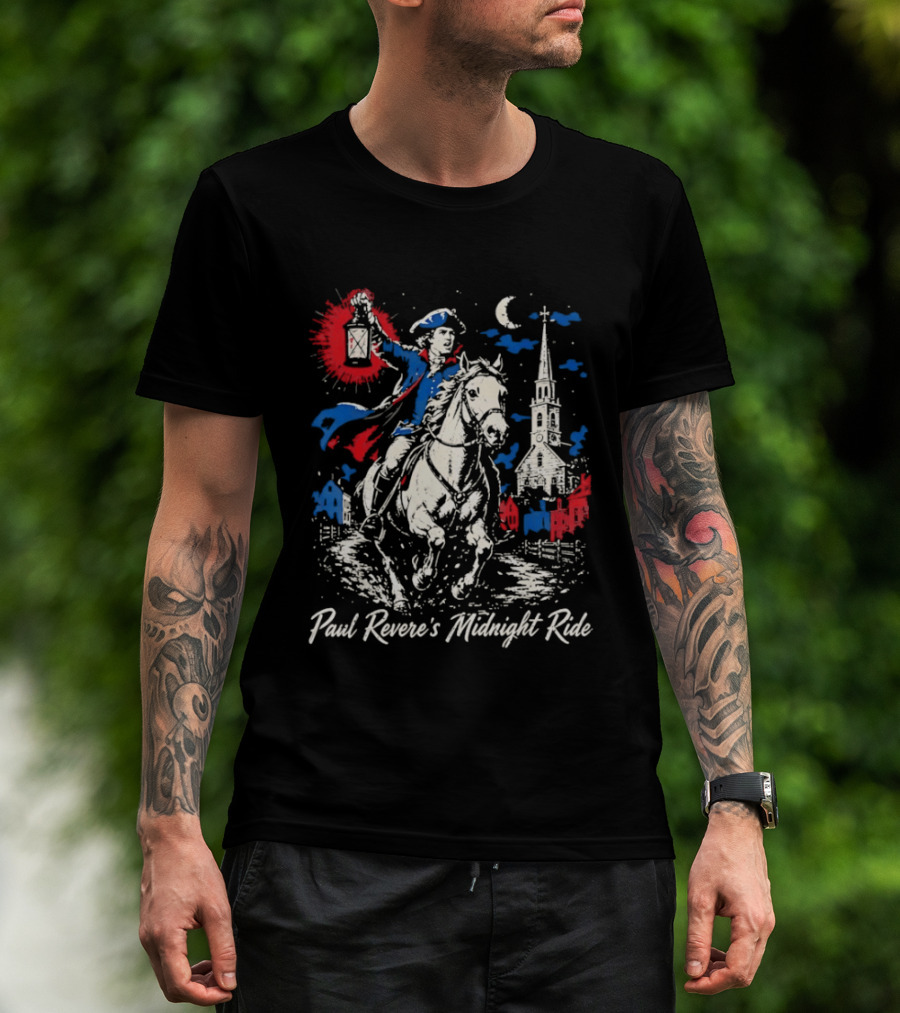 Paul Revere Midnight Ride American Revolutionary War Patriotic Historical Scene With Lantern And Church T-Shirt
