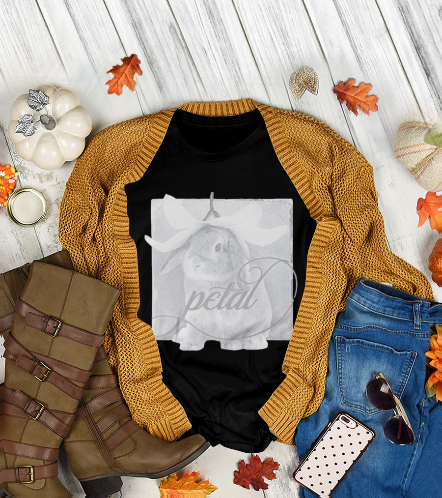 Petal Rabbit with Flower Headpiece on Square Tile Black and White T-Shirt