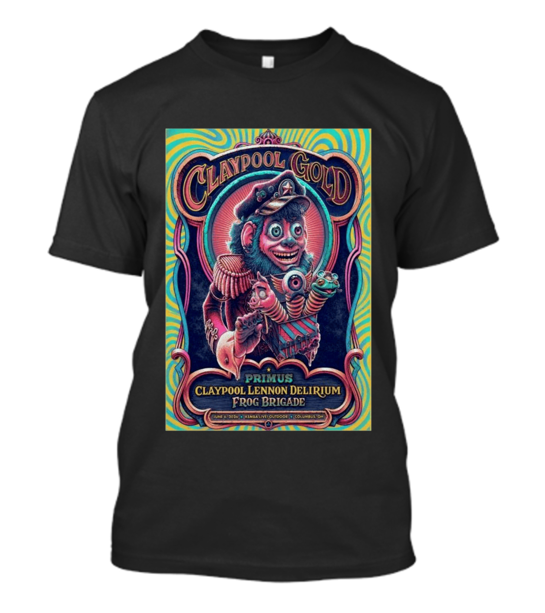 Primus Claypool Lennon Delirium Frog Brigade Columbus OH June 6 2026 Claypool Gold T-Shirt