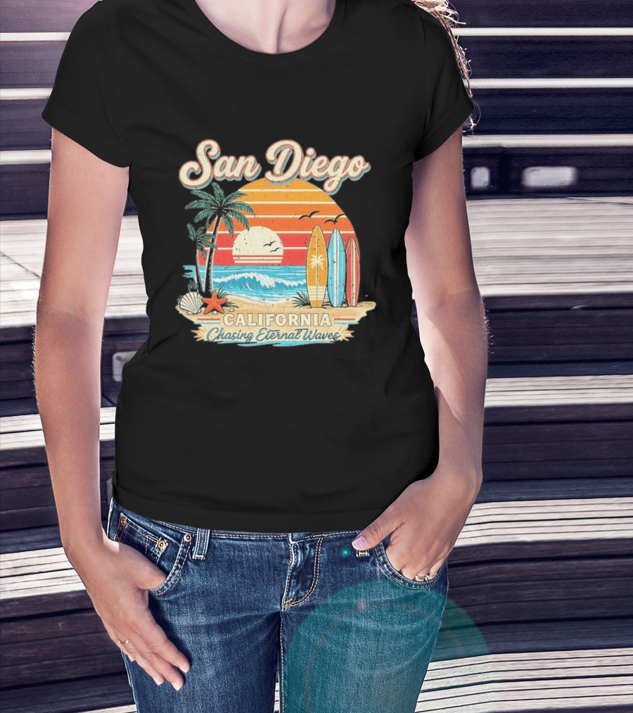 San Diego California Surfing Sunrise Chasing Eternal Waves Beach Vacation T-Shirt