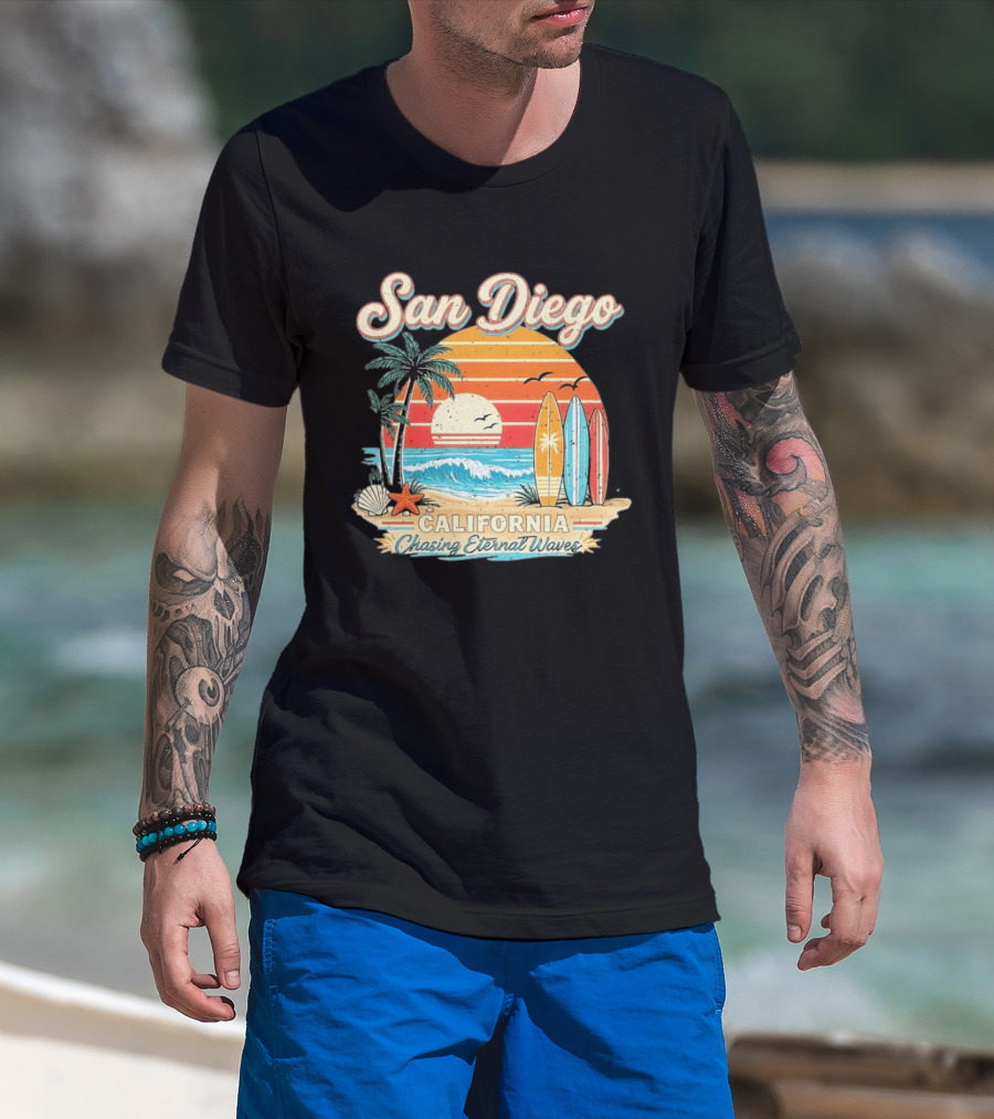 San Diego California Surfing Sunrise Chasing Eternal Waves Beach Vacation T-Shirt