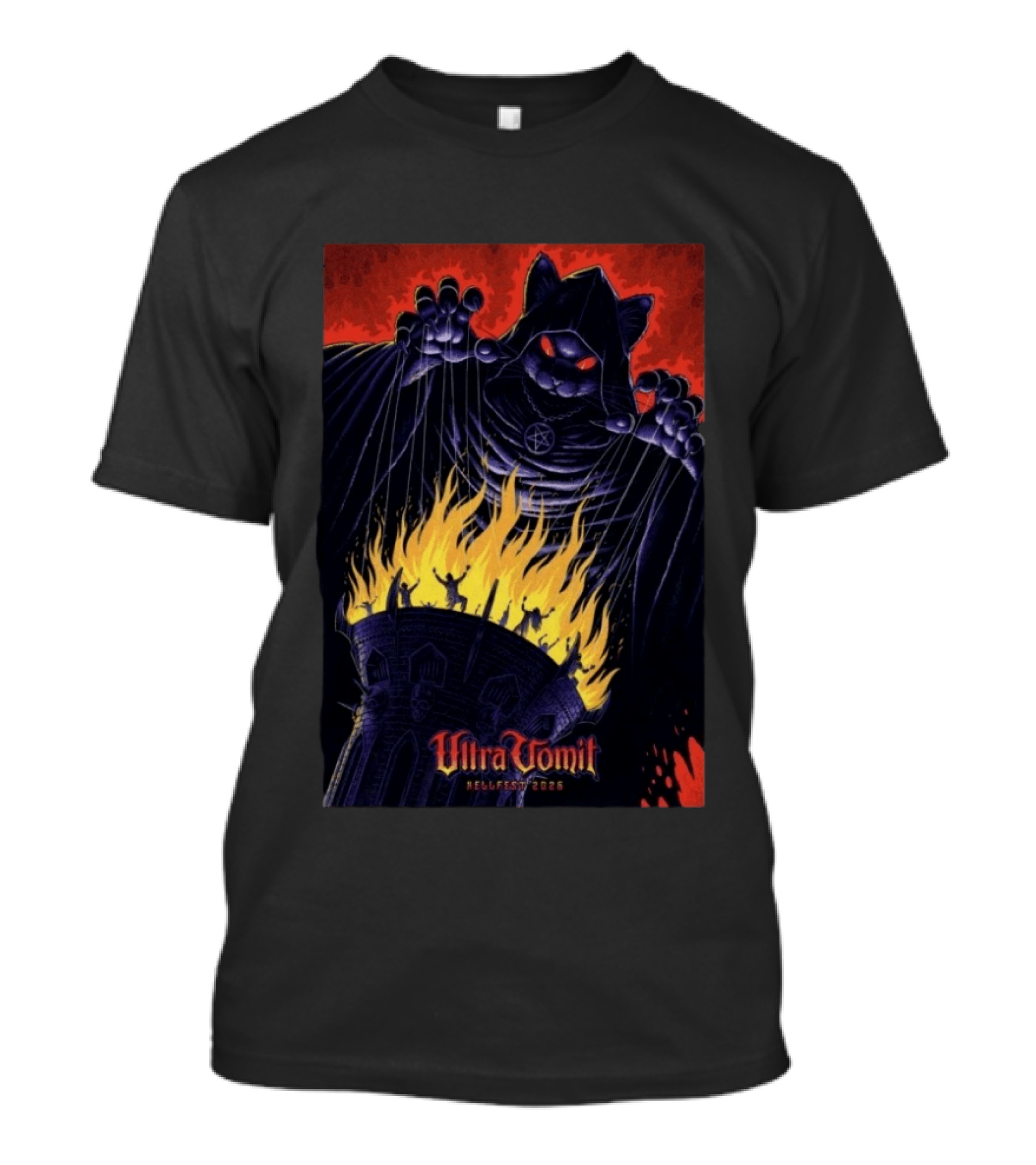 Ultra Vomit Hellfest 2026 Clisson France Jun 19 Puppet Master Cat With Fire Tower T-Shirt