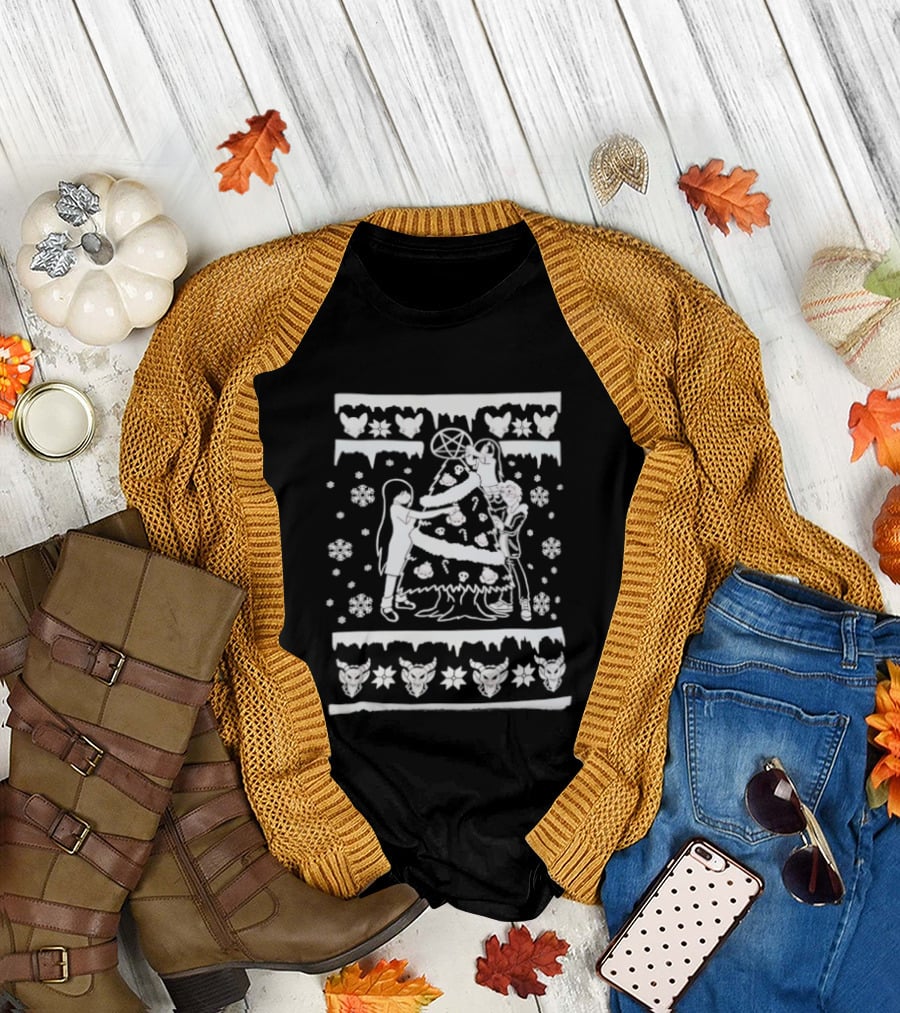 Baphomet Pentagram Christmas Tree Decoration with Ice Hearts and Snowflakes T-Shirt