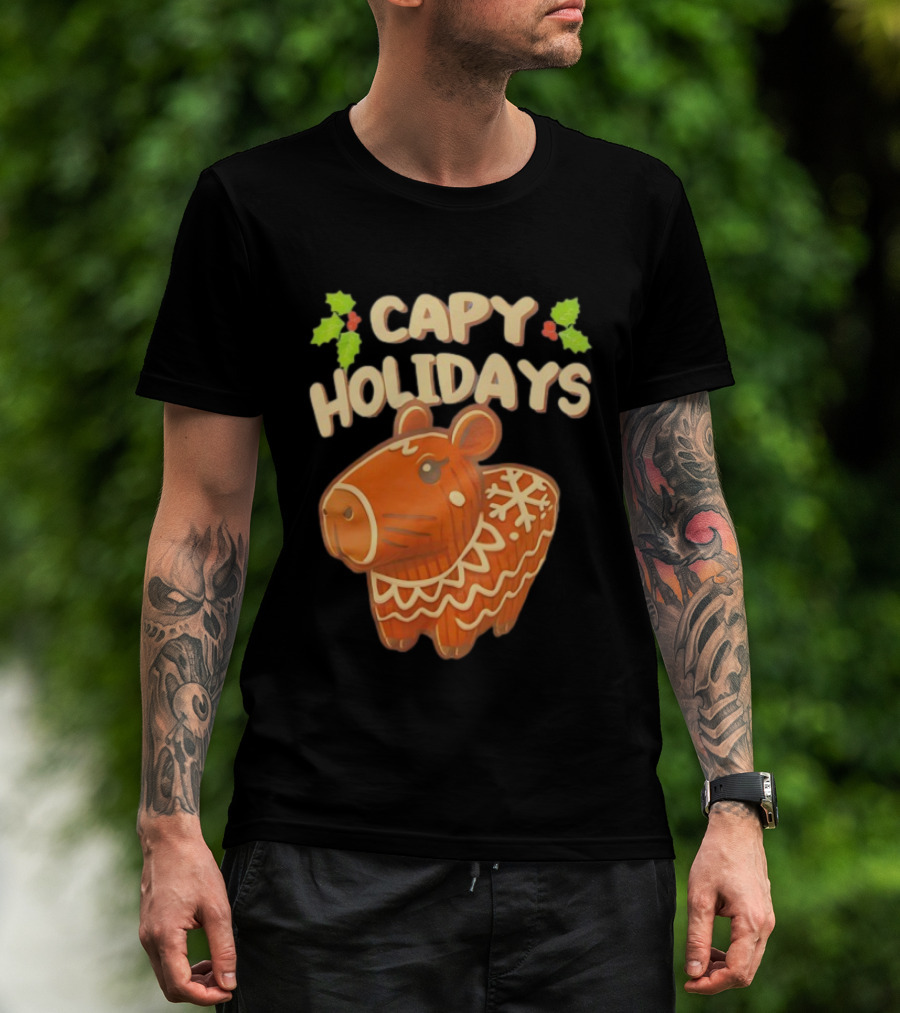Capy Holidays Christmas Cookie Capybara With Holly Leaves T-Shirt
