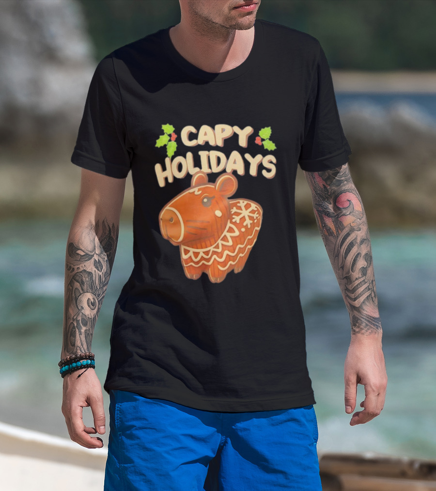 Capy Holidays Christmas Cookie Capybara With Holly Leaves T-Shirt