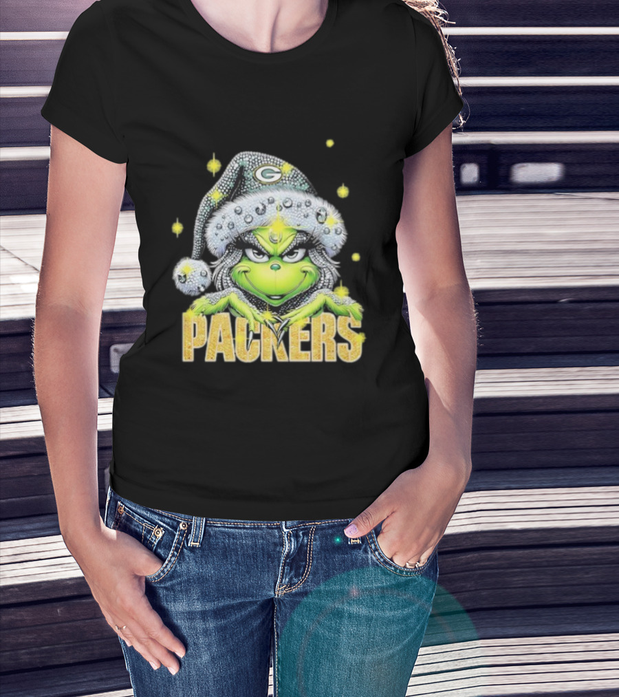 Green Bay Packers Grinch Santa Hat Christmas Football Fan Apparel T-Shirt