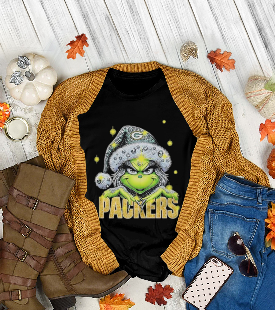 Green Bay Packers Grinch Santa Hat Christmas Football Fan Apparel T-Shirt
