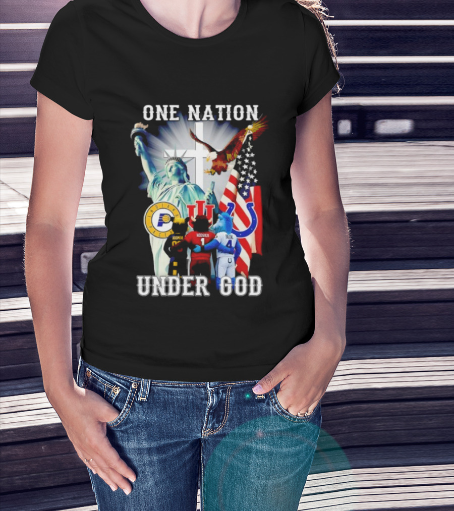 Indiana Hoosiers Indianapolis Colts Indiana Pacers One Nation Under God Statue Of Liberty American Flag T-Shirt