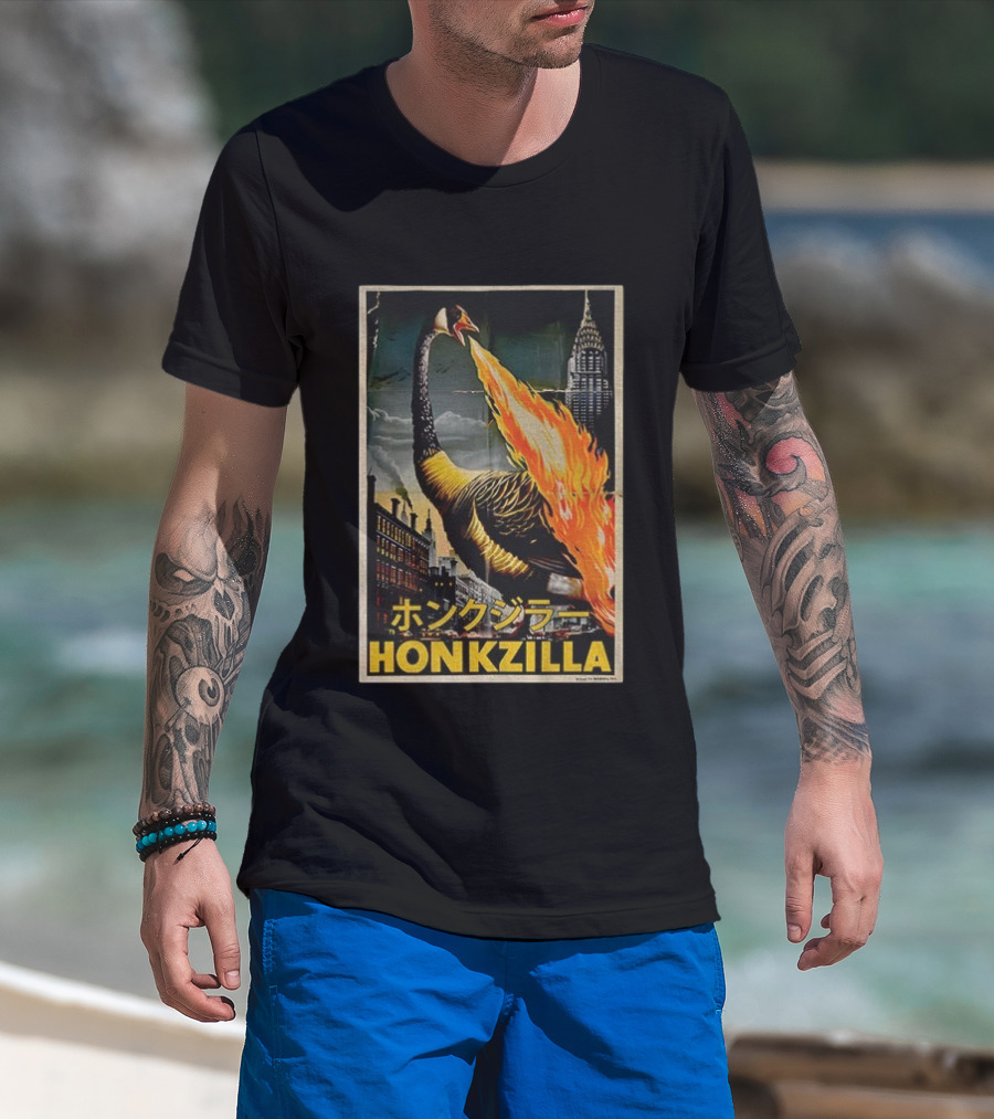 Honkzilla Goose Retro Japanese Movie Fire-Breathing City Attack T-Shirt
