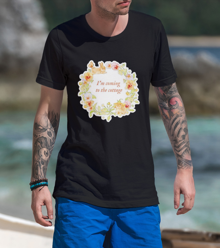 I'm Coming To The Cottage Floral Bunny Wreath T-Shirt