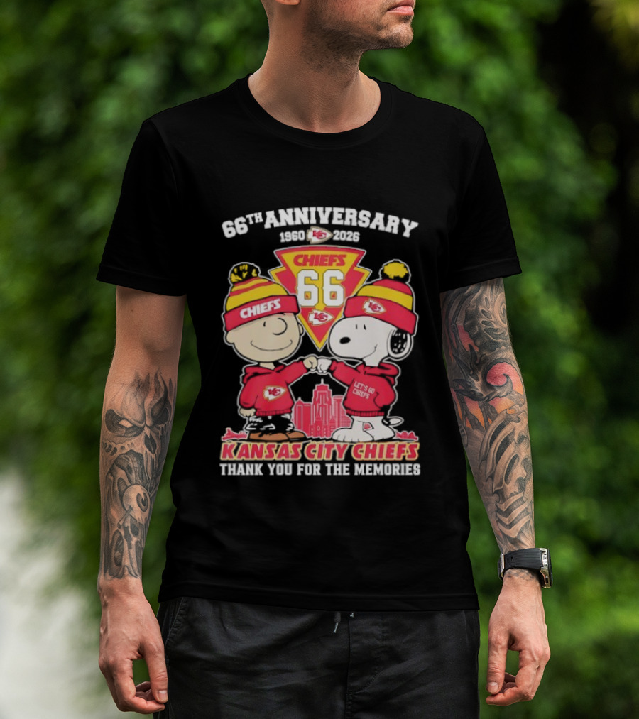 Kansas City Chiefs 66th Anniversary With Snoopy And Charlie Brown 1960-2026 T-Shirt