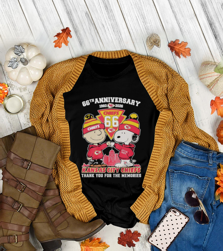 Kansas City Chiefs 66th Anniversary with Snoopy and Charlie Brown 1960-2026 T-Shirt