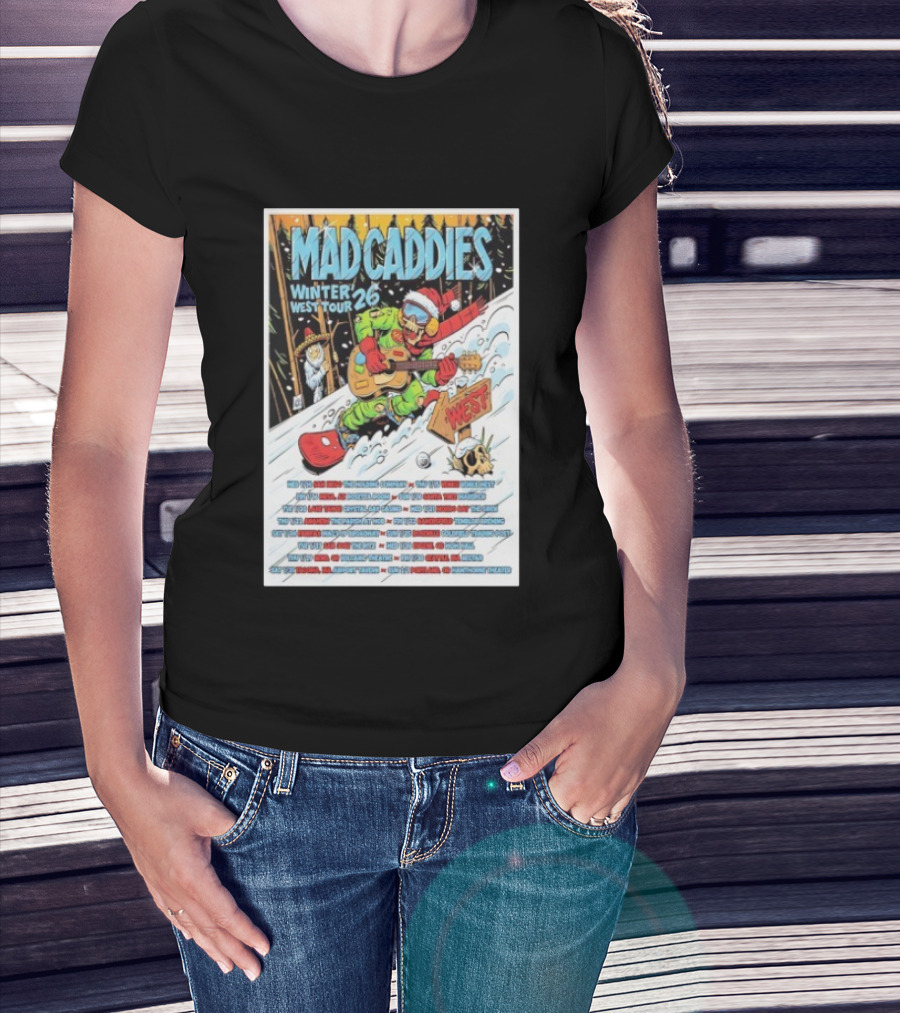 Mad Caddies Winter West Tour 26 Snowboarding Santa Skeleton Guitarist T-Shirt